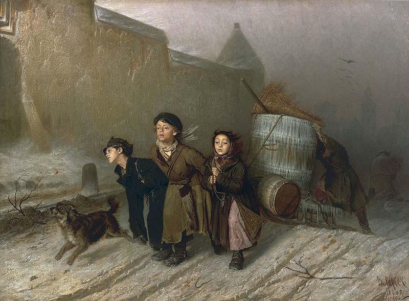 Vasily Perov Troika. Apprentices fetch water Norge oil painting art